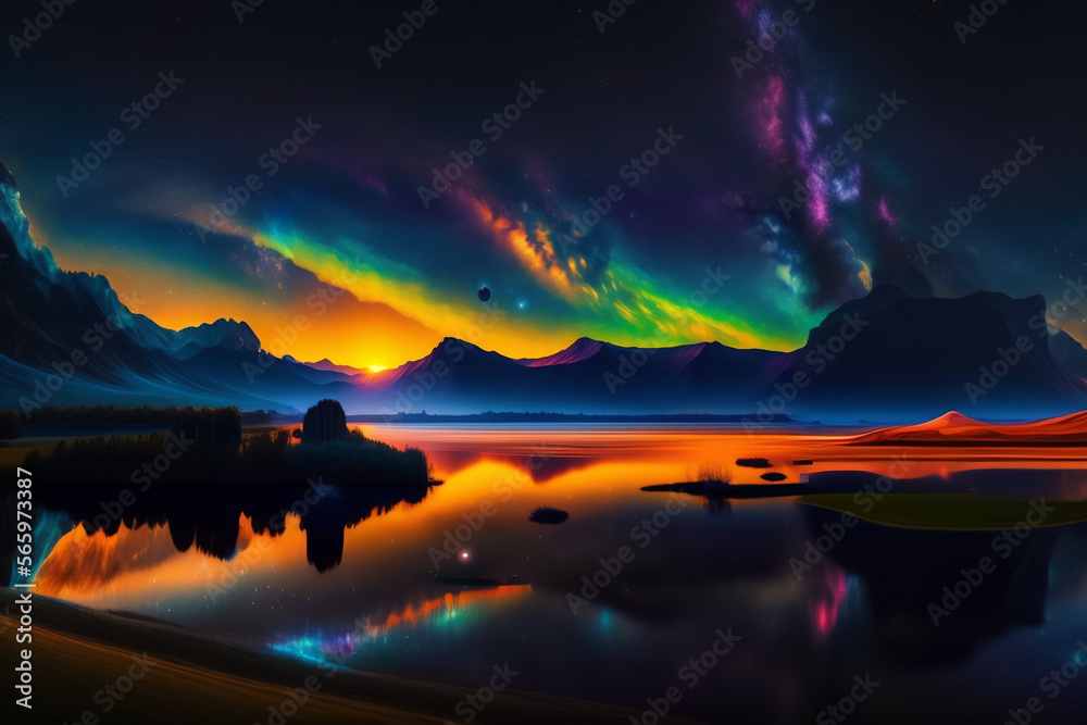 Abstract sunrise over lake AI
