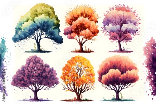 Set of watercolor trees. Hand painting. Watercolor. Illustration for greeting cards  invitations  and other printing projects. generative ai art isolated on white background. 