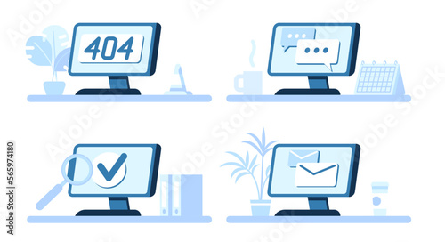 Computer monitors. Desktop with correspondence notification. PC error. Digital chat. Search engine and page not found 404. Email letter. Web messenger. Network technology. Vector concept