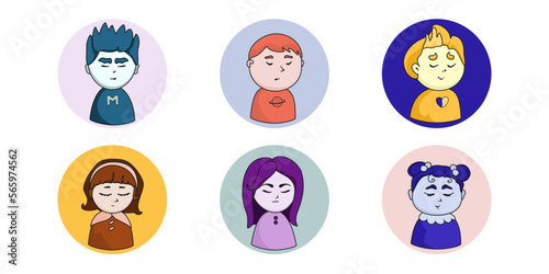 Social media icon set with three boys and three girls in a multicoloured scheme