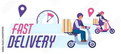 Fast delivery concept, couriers deliver parcels in short time. Male and female character riding scooter, cardboard parcel boxes, food and mail transportation vector cartoon flat concept
