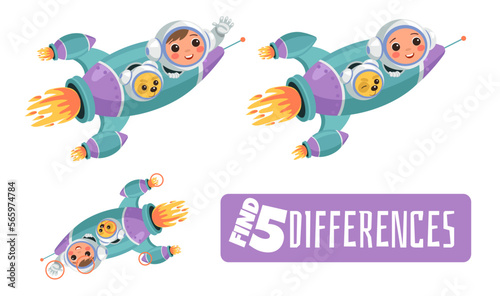 Find differences. Educational game for children. Preschool kids worksheet. Boy flying on space rocket. Logic task. Mind test. Search right solution. Funny astronaut. Vector concept