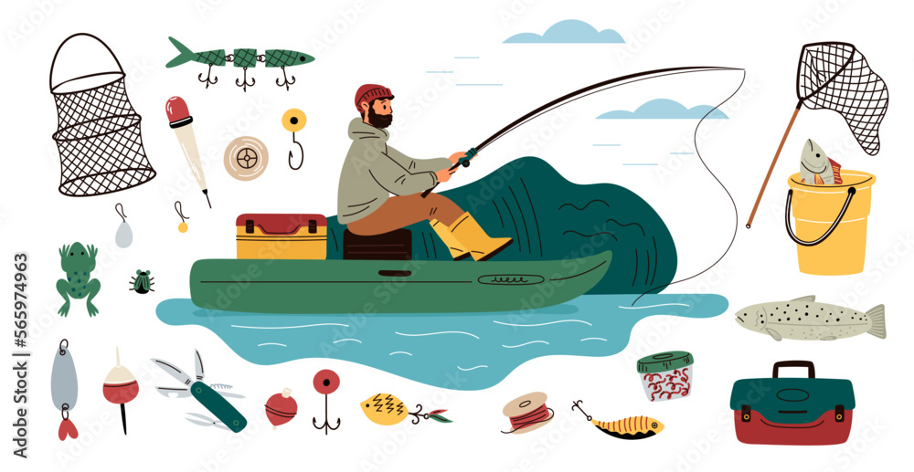 Fishing and fisher elements. Man in inflatable boat throws rod