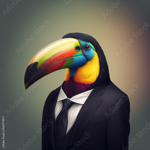 Portrait of a rainbow toucan dressed in a strict business suit, ai
