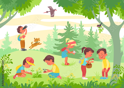 Kids study nature. Inquisitive researchers. Naturalists observe plants. Schoolkids find insects and fungi. Forest glade with children. Scout boys and girls. Splendid vector concept