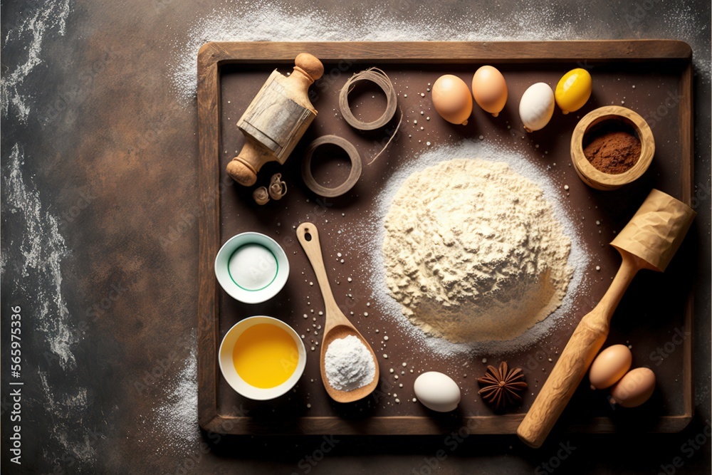  a baking tray with a variety of ingredients on it, including flour, eggs, flour, and spices, and a rolling pin on a table.  generative ai