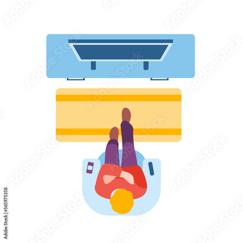 Man sitting in armchair watching TV. Person on sofa in front of television screen. Top view. Showing film or telecast in living room. Home fun and relaxation. Male leisure. Vector concept