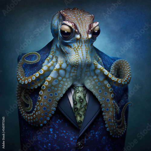 Portrait of a blue ringed octopus  dressed in a strict business suit, ai photo