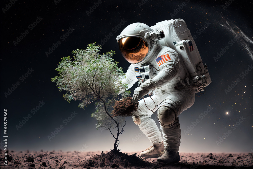 Naklejka premium Astronaut planting a tree on alien planet. Generative AI