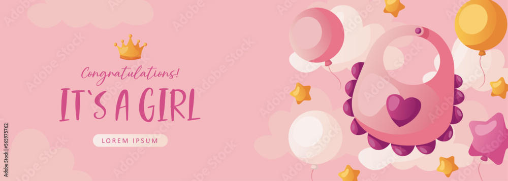 Baby shower invitation with clothes feeding bib, stars, helium balloons, clouds on pink. Lettering It's a girl with crown. Hello baby celebration, holiday, event. Banner, card, flyer. Cartoon vector