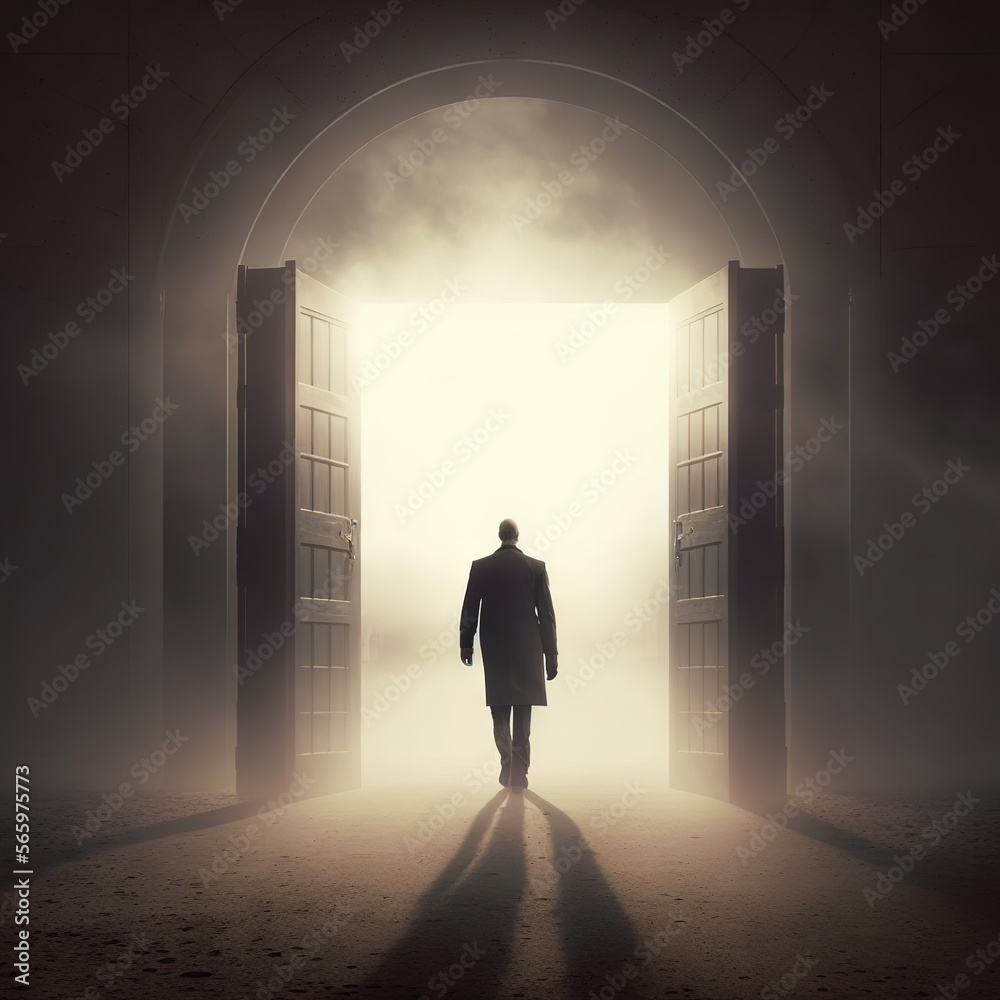 Fototapeta premium Man walking through the door to light.. Generative ai