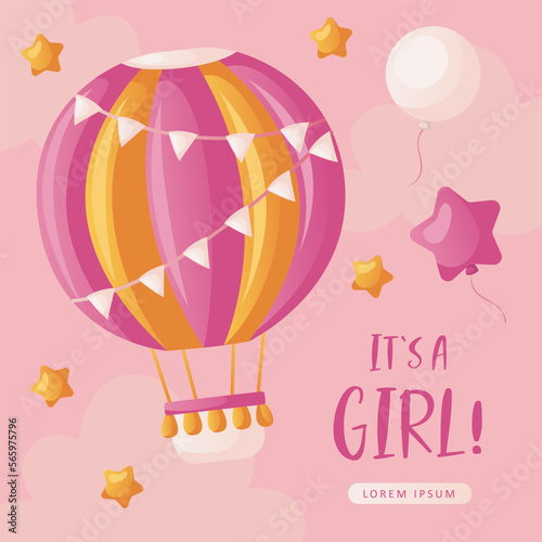 Baby shower invitation with hot air balloon, stars, helium balloons, stars, and clouds on pink. Lettering It's a girl. Hello baby celebration, holiday, event. Banner, flyer. Cartoon vector © roroiisha