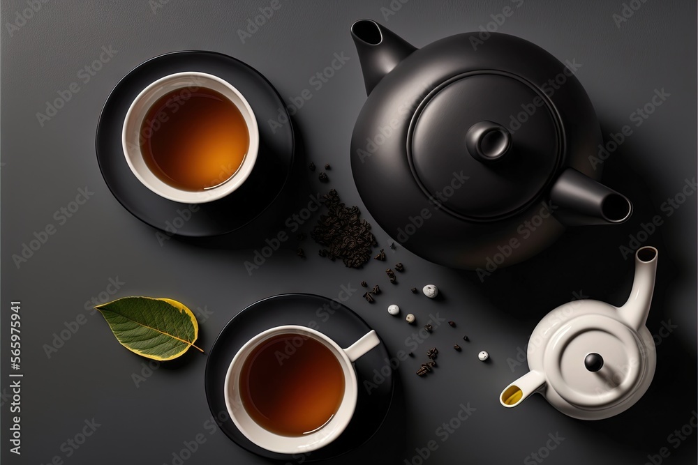 a tea pot and two cups of tea with a leaf on the side of the tea pot and a cup of tea on the side. generative ai a tea pot and two cups of tea with a leaf on the side of the tea pot and a cup of tea on the side. generative ai