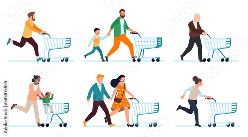 People at sale run away with empty carts. Male and female customers on shopping. Men and women buy food in supermarket, happy characters with trolley. Vector cartoon flat concept