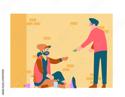 Rich man gives money to unemployed beggar. Person sharing cash with homeless. Charity donation. Financial crisis. Panhandler asking alms. Refugee begging dollar banknote. Vector concept