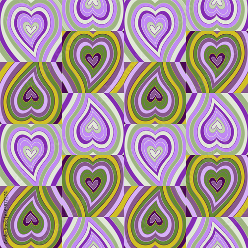 Fototapeta Naklejka Na Ścianę i Meble -  Vintage hearts mosaic seamless pattern. Hippie retro style. 14 february wallpaper. Valentine's Day backdrop.