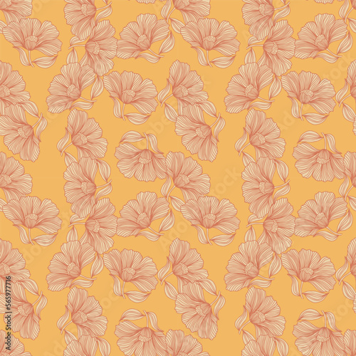 Abstract floral line seamless pattern in retro style. Delicate vintage outline flower endless background.