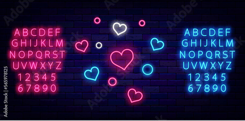 Shiny confetti with heart shapes. Neon firework. Happy Valentines day celebration. Vector stock illustration