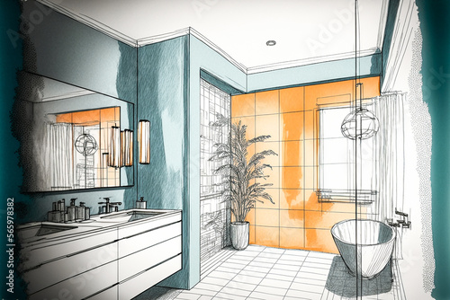 Print op canvas Dessin d'une salle de bain moderne - Générative IA