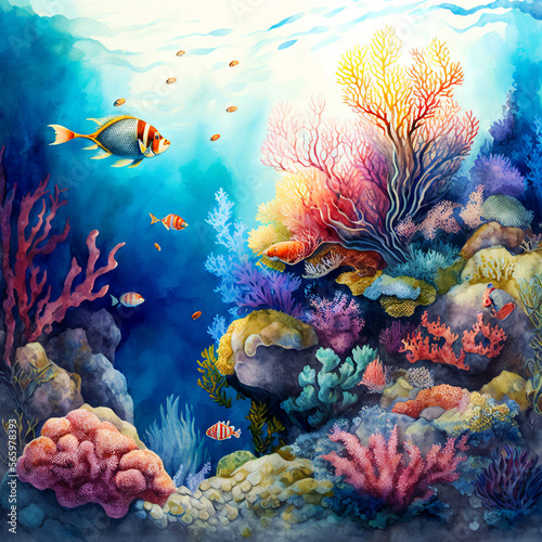 beautiful watercolor art of  coral reef sea life view - new quality universal colorful joyful holiday nature artistic stock image illustration design 