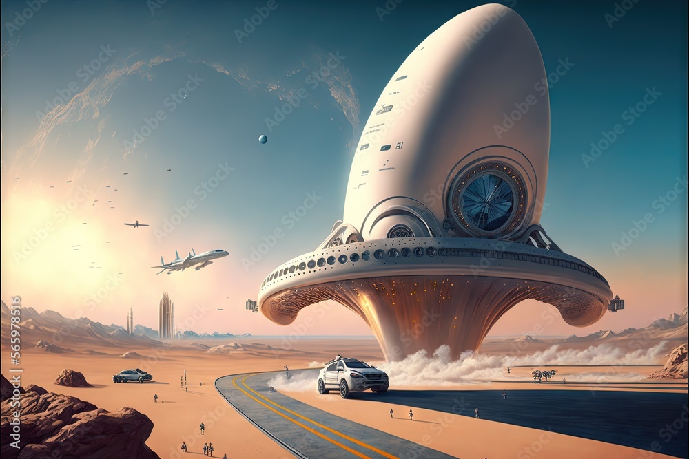 a futuristic city with a giant clock on top of it's roof and a car in ...