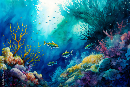 beautiful watercolor art of coral reef sea life view - new quality universal colorful joyful holiday nature artistic stock image illustration design generative ai