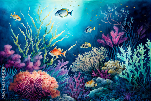 beautiful watercolor art of coral reef sea life view - new quality universal colorful joyful holiday nature artistic stock image illustration design 