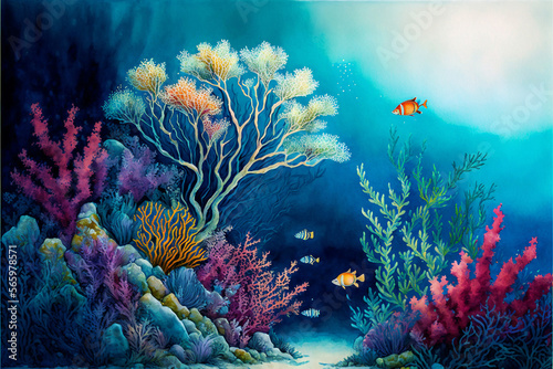 beautiful watercolor art of  coral reef sea life view - new quality universal colorful joyful holiday nature artistic stock image illustration design generative ai
