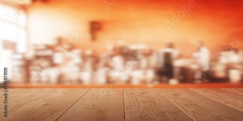 Empty wooden table top with out of focus lights bokeh coffee shop and window on the side background