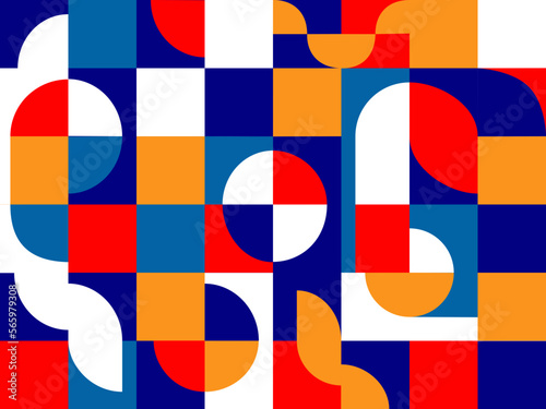 Cartel estilo bauhaus de formas geométricas redondas. Mosaico de cuadros y círculos. Decoración retro colores.