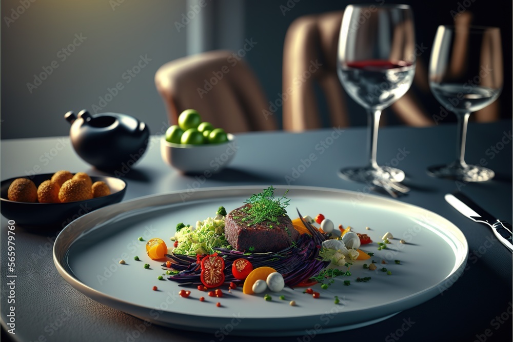 a plate of food with a glass of wine and a bowl of fruit and vegetables on the side of the plate and a bowl of olives and a bowl of grapes.  generative ai