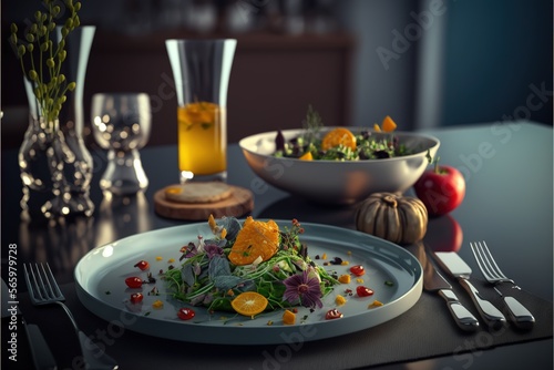  a plate of food with a salad and a glass of orange juice on the side of the plate and a bowl of fruit and vegetables. generative ai