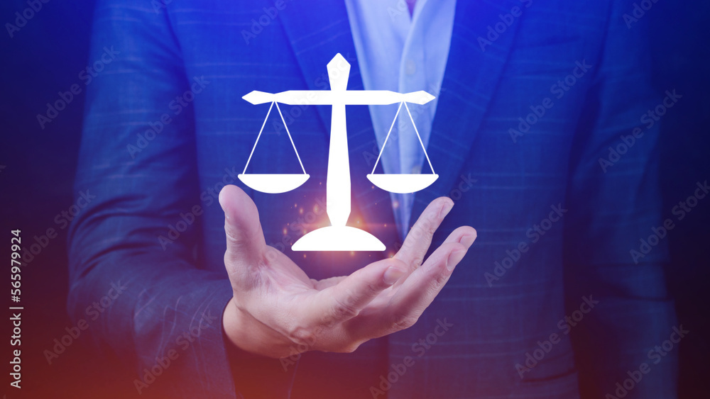 Justice and law concept, Legal advice, businessman holding scales digital hologram Labor Law sign, Labor Law Lawyer legal business