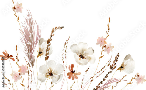 Watercolor beige wildflowers boho bouquet. Dried herbs, grass floral border, elegant arrangement. Botanical boho elements isolated on white. Wedding invitation, greeting, card, printing, design