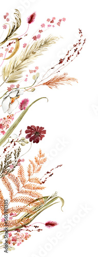 Watercolor beige wildflowers boho bouquet. Dried herbs, grass floral border, elegant arrangement. Botanical boho elements isolated on white. Wedding invitation, greeting, card, printing, design
