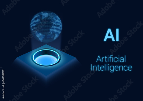 Abstract illustration of artificial intelligence showing a hologram on a dark blue background. The hologram contains a square base and a three-dimensional light image of world a digital pattern.