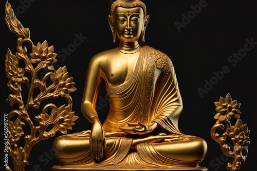 A buddha in lotus position, cast in gold. lamaism, tibetan buddhism, buddhism in the vajrayana tradition, and buddhism in the tantric tradition. Generative AI photo