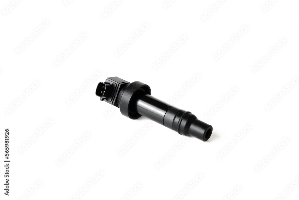 Image of a gasoline engine ignition induction coil, car parts on a white isolated background. Image of a gasoline engine ignition induction coil, car parts on a white isolated background.