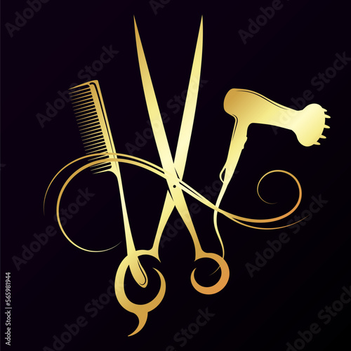 Gold symbol for hair stylist and beauty salon. Comb scissors and electric hair dryer silhouette
