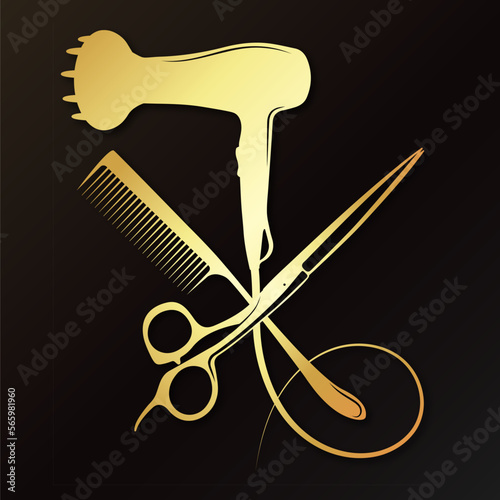 Comb scissors and hair dryer silhouette. Gold symbol for hair stylist and beauty salon