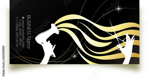Scissors and hair dryer in the hands of a stylist, golden flowing hair. Business card concept for a beauty and hair salon