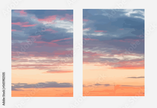 Sunset sky backgrounds set. Vector illustration on the theme of a beach party. Summer gradient. Poster. Banner.