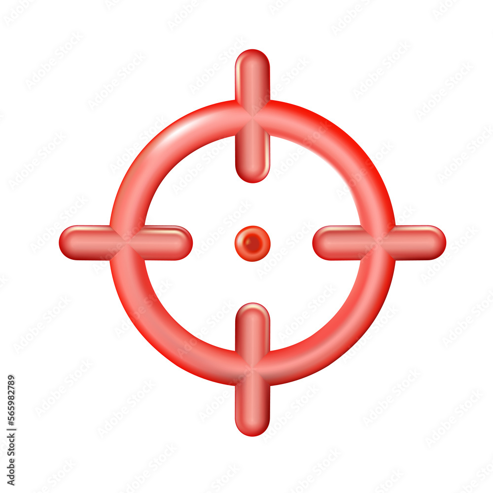Fototapeta premium Realistic red plastic toy sight of a sniper rifle icon in trendy 3d style isolated. Aim symbol for web design, target, app, UI. Childrens concept game. Png