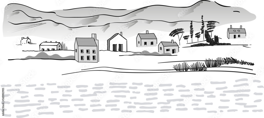 Fototapeta premium Hand drawn sketch of a house. Small business, marketing and packaging design. Cute building illustration. Cartoon.