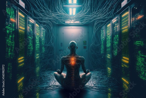 computer server room at the center a human AI body meditating in Lotus pose cyberpunk
