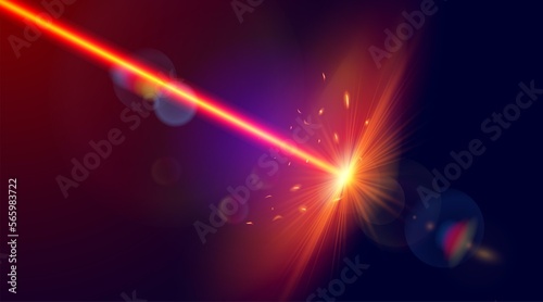 Red laser strike. Laser beam with bright shiny sparkles. image.