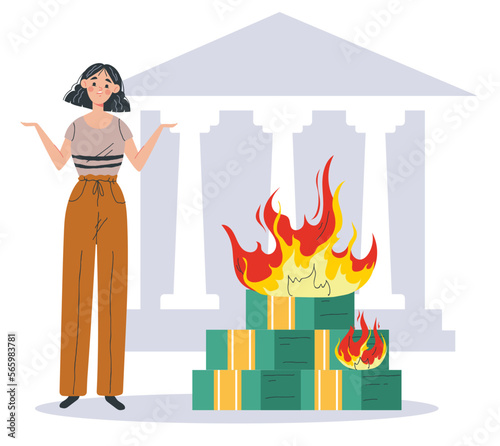 Bank bankruptcy money burn finance inflation concept. Vector cartoon graphic design element illustration
