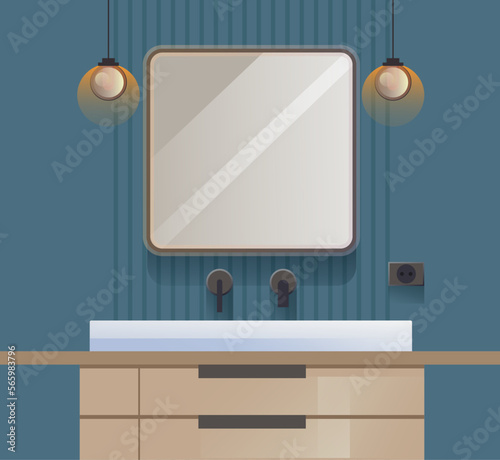 Bathroom interior sink mirror modern realistic style concept. Vector cartoon graphic design element illustration