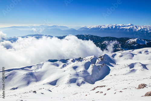 The highest mountain peak of snow-covered Tahtalı Mountain, Beydagları National Park. Antalya-Turkey