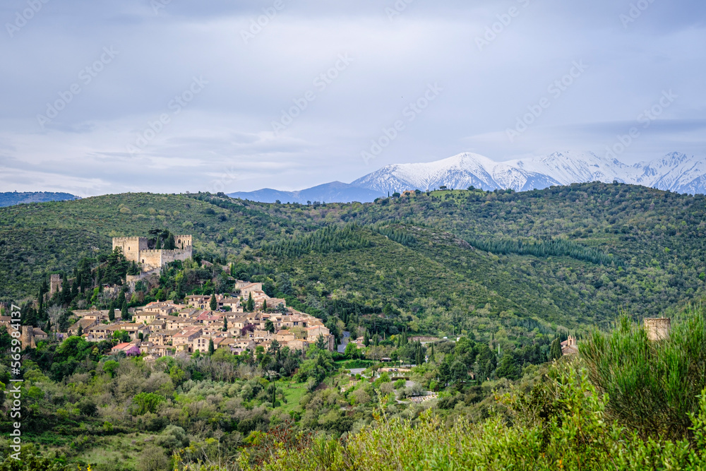 Village of Castelnou or Castellnou dels Aspres, a small town and French commune, located in the department of Pyrénées-Orientales, region of Occitanie and historical region of Roussillon.